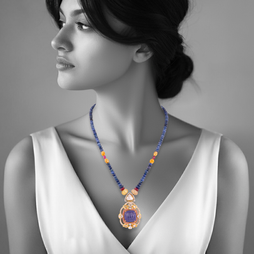 Carved Tanzanite Necklace with Polkis ,Diamonds and Sapphire Beads